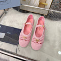 PRADA 26S MARY JANE FLATS IN PINK WOVEN RAFFIA WITH TRIANGLE LOGO