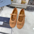 PRADA 26S MARY JANE FLATS IN BROWN WOVEN RAFFIA WITH TRIANGLE LOGO