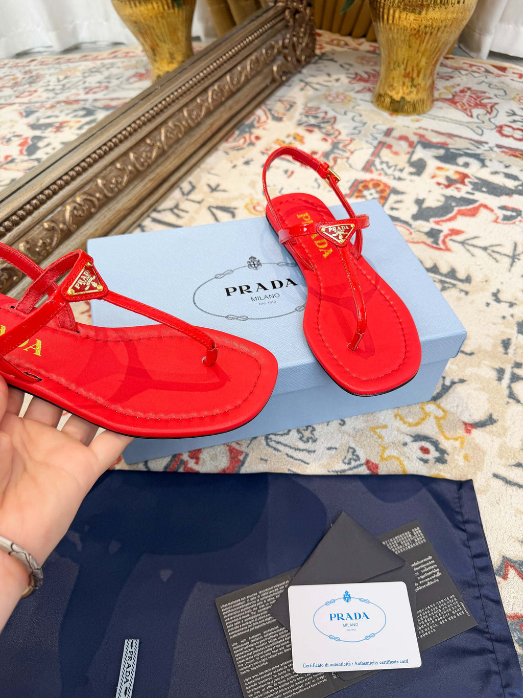 PRADA 26S THONG SANDALS IN RED CALFSKIN TRIANGLE LOGO