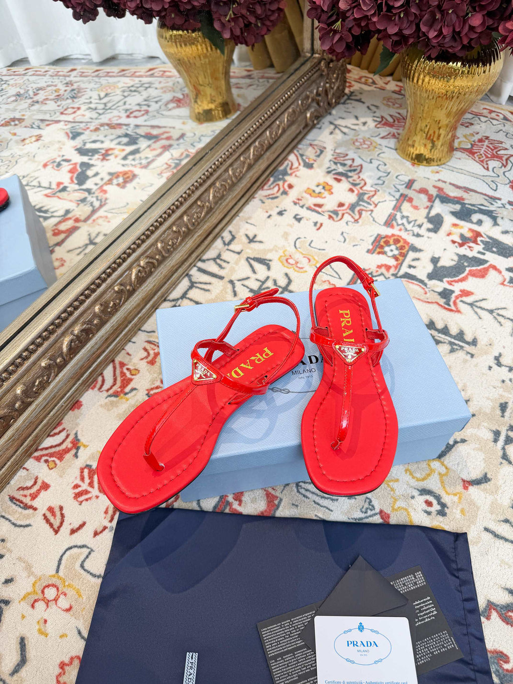PRADA 26S THONG SANDALS IN RED CALFSKIN TRIANGLE LOGO