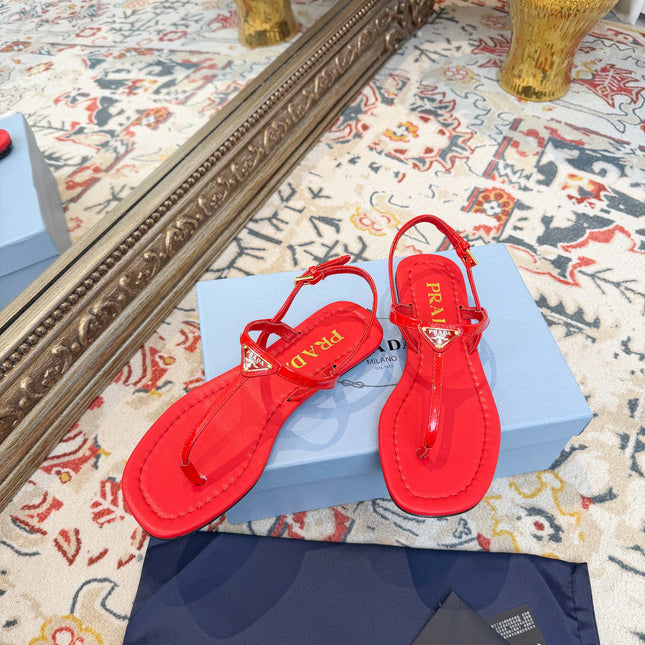 PRADA 26S THONG SANDALS IN RED CALFSKIN TRIANGLE LOGO