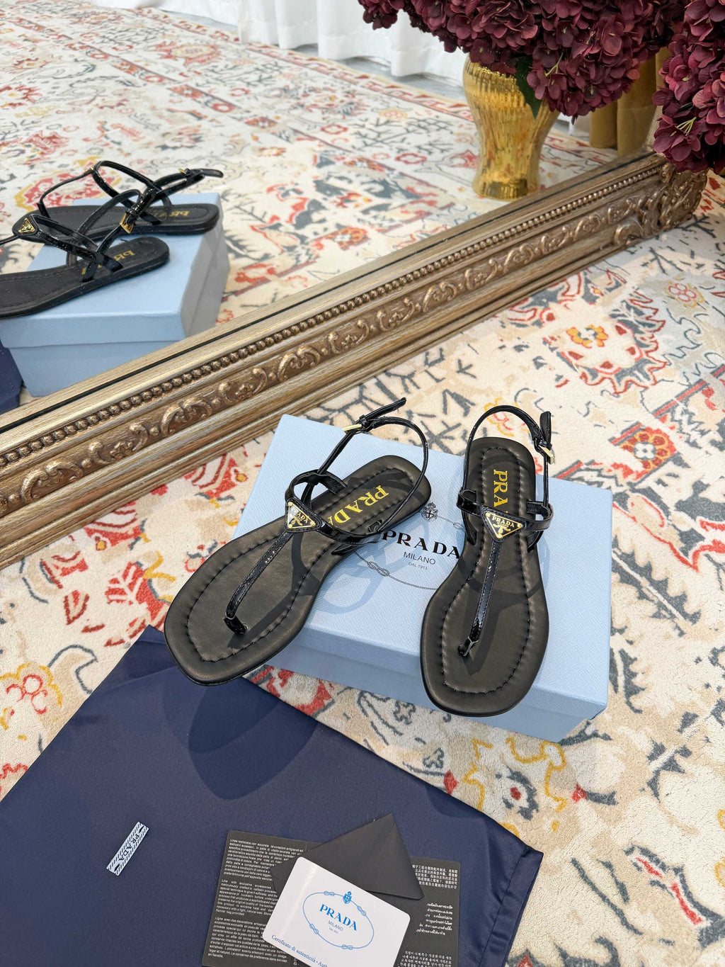 PRADA 26S THONG SANDALS IN BLACK CALFSKIN TRIANGLE LOGO