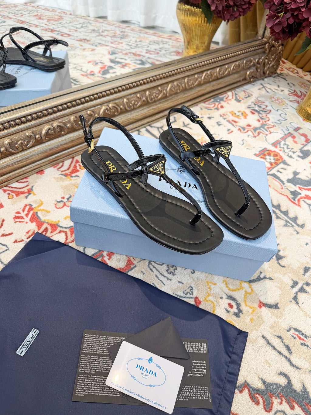 PRADA 26S THONG SANDALS IN BLACK CALFSKIN TRIANGLE LOGO
