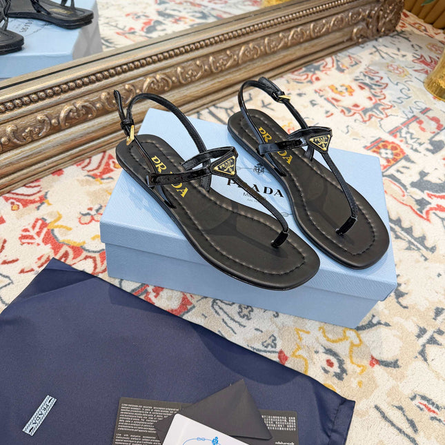 PRADA 26S THONG SANDALS IN BLACK CALFSKIN TRIANGLE LOGO