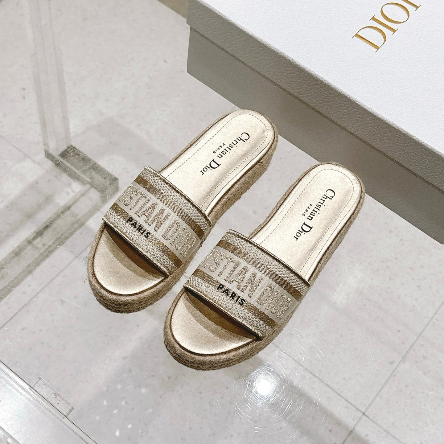 DWAY WEDGE SLIDES 45MM IN WARM GREIGE FABRIC RAFFIA SOLE