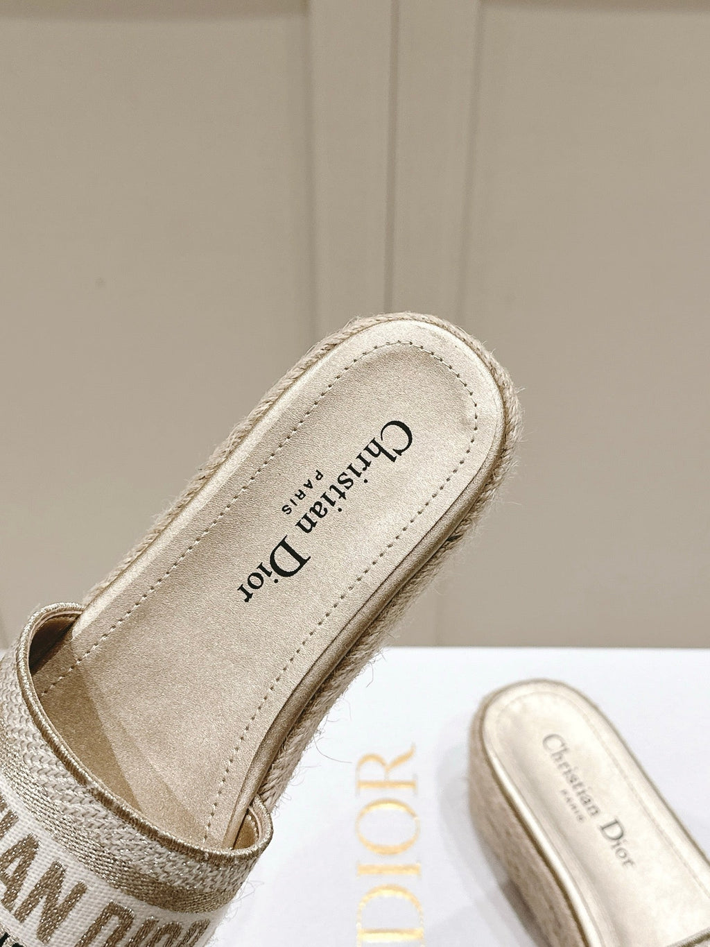 DWAY WEDGE SLIDES 45MM IN WARM GREIGE FABRIC RAFFIA SOLE