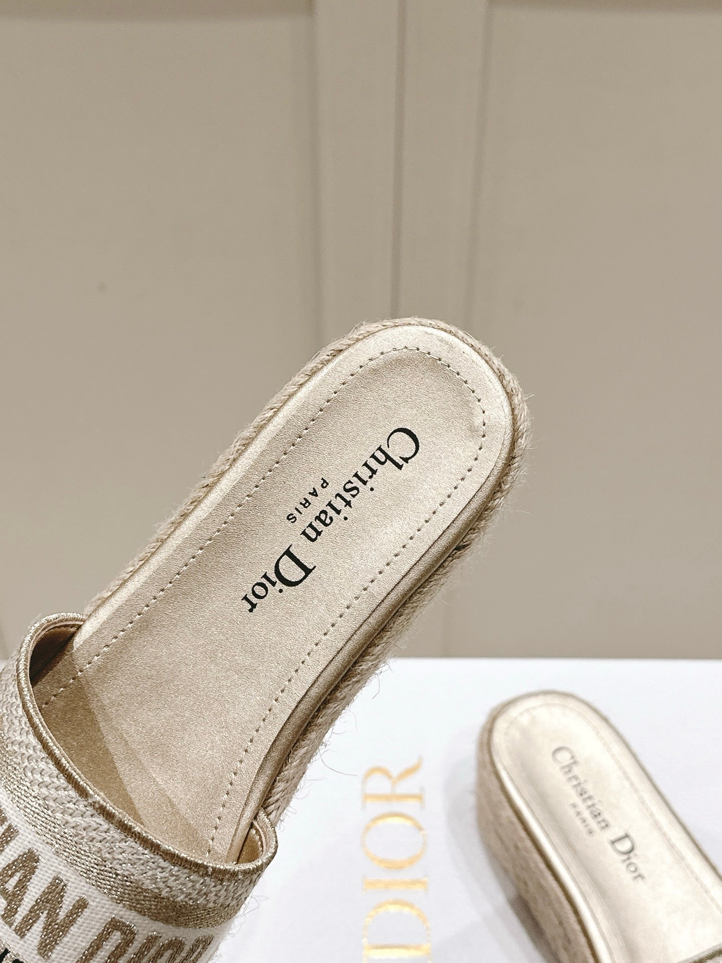 DWAY WEDGE SLIDES 45MM IN WARM GREIGE FABRIC RAFFIA SOLE