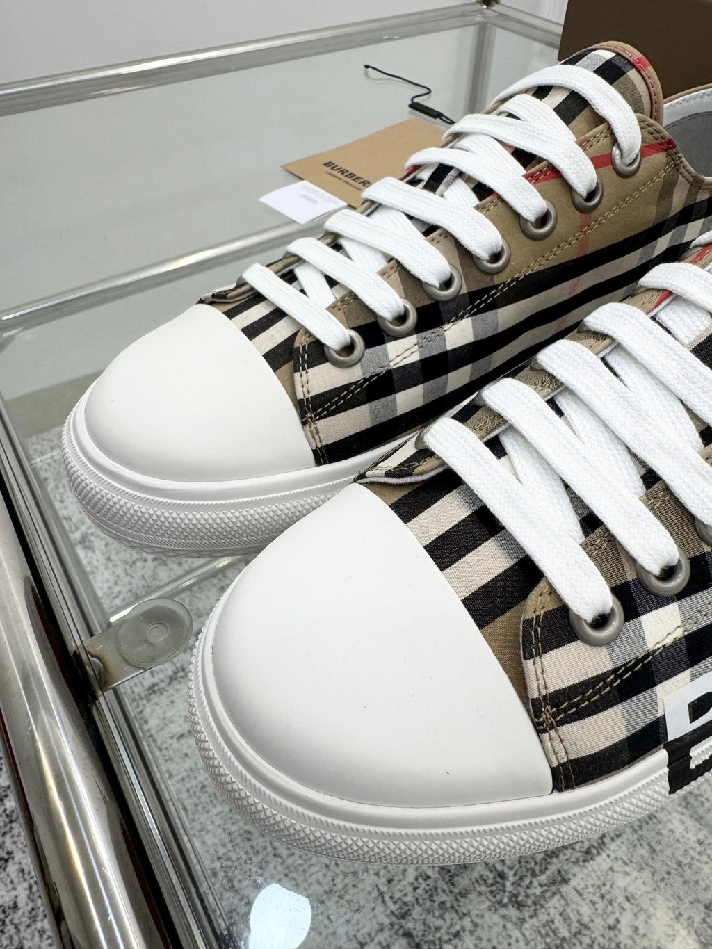BURBERRY 26S LOGO CHECK LOW TOP SNEAKERS IN ARCHIVE BEIGE CANVAS
