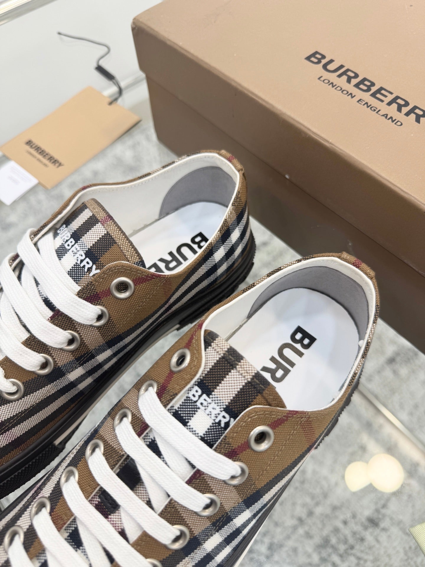 BURBERRY 26S VINTAGE CHECK SNEAKERS IN DARK BROWN AND BLACK CANVAS