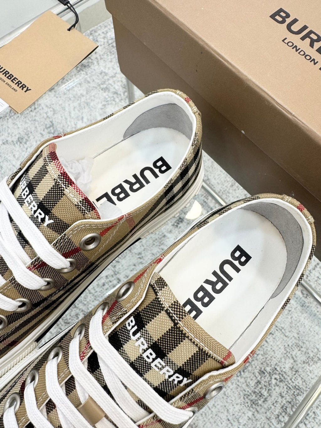 BURBERRY 26S VINTAGE CHECK SNEAKERS IN BROWN AND BLACK CANVAS