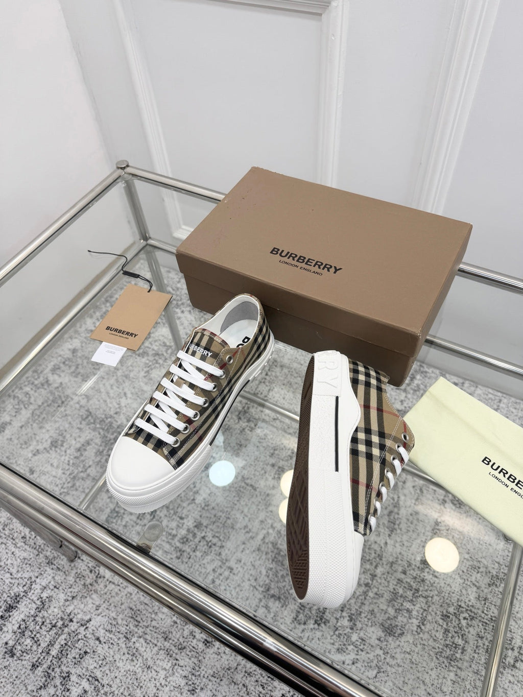BURBERRY 26S VINTAGE CHECK SNEAKERS IN BROWN AND BLACK CANVAS