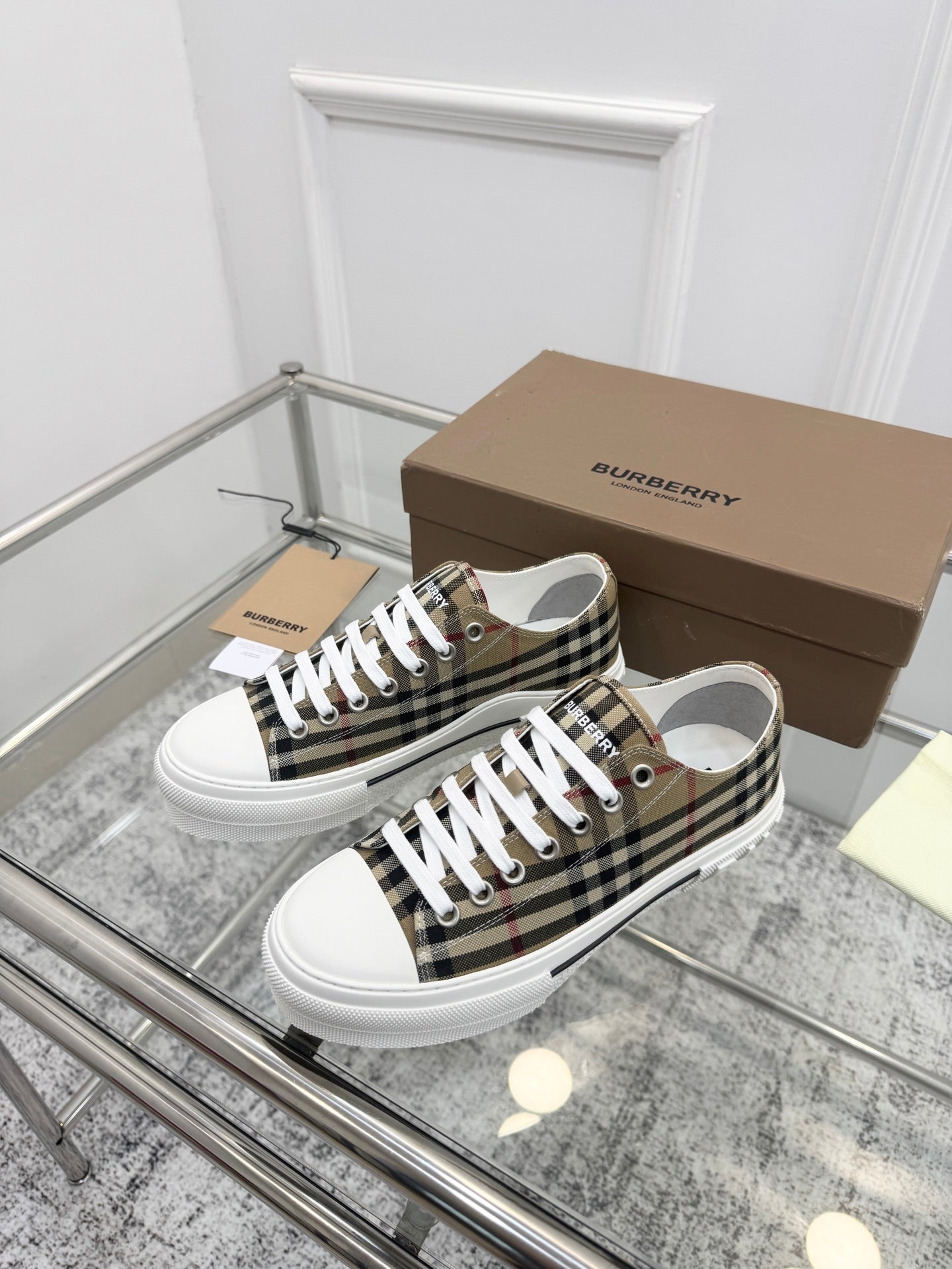 BURBERRY 26S VINTAGE CHECK SNEAKERS IN BROWN AND BLACK CANVAS