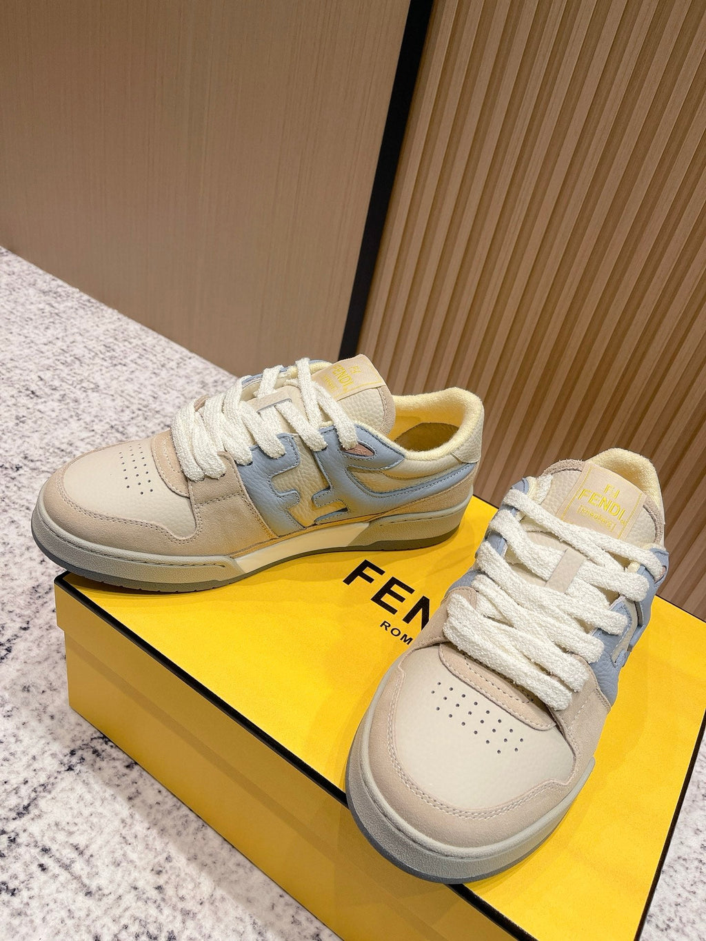 FENDI 25S MATCH SNEAKERS IN BEIGE MIX BLUE CALFSKIN AND SUEDE STYLE 10