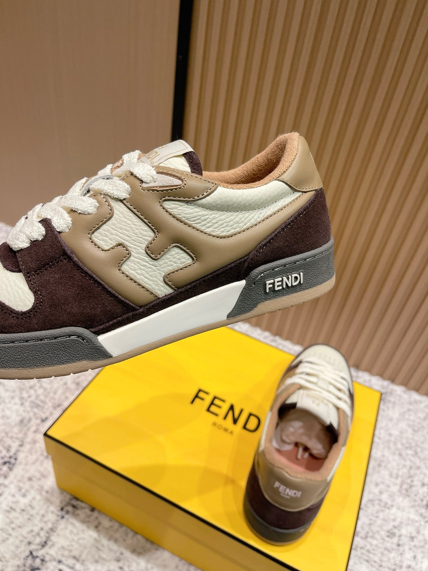 FENDI 25S MATCH SNEAKERS IN BEIGE CALFSKIN AND DARK BROWN SUEDE STYLE 8