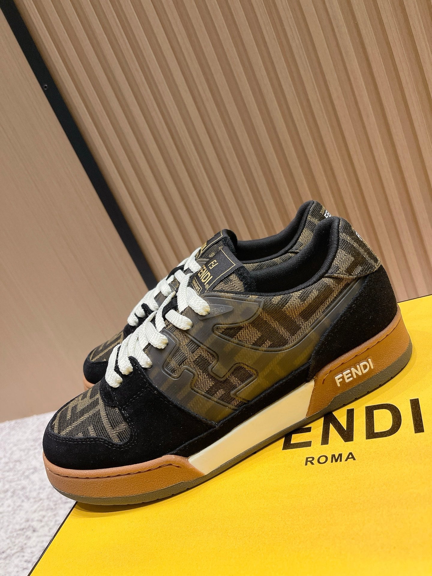 FENDI 25S MATCH SNEAKERS IN BLACK SUEDE MIX BROWN CANVAS STYLE 5