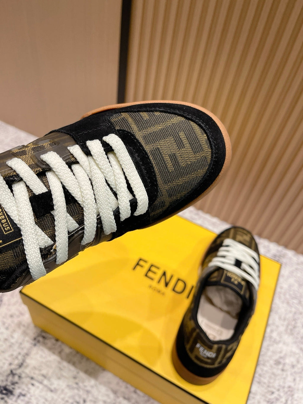 FENDI 25S MATCH SNEAKERS IN BLACK SUEDE MIX BROWN CANVAS STYLE 5