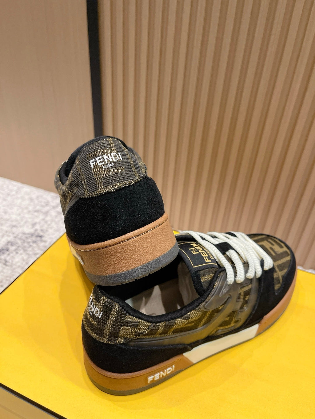 FENDI 25S MATCH SNEAKERS IN BLACK SUEDE MIX BROWN CANVAS STYLE 5