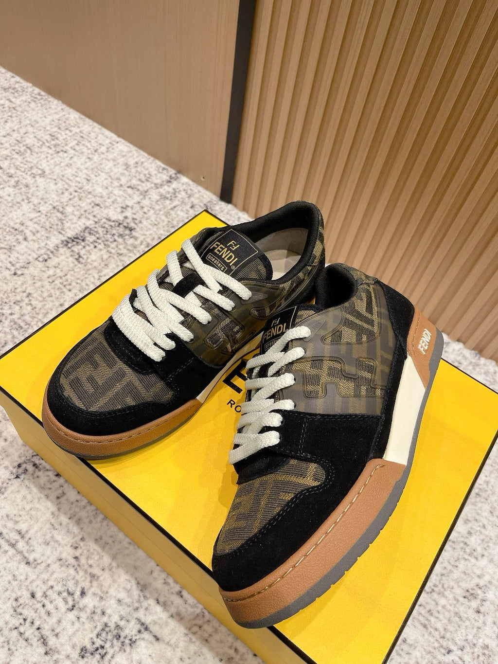 FENDI 25S MATCH SNEAKERS IN BLACK SUEDE MIX BROWN CANVAS STYLE 5