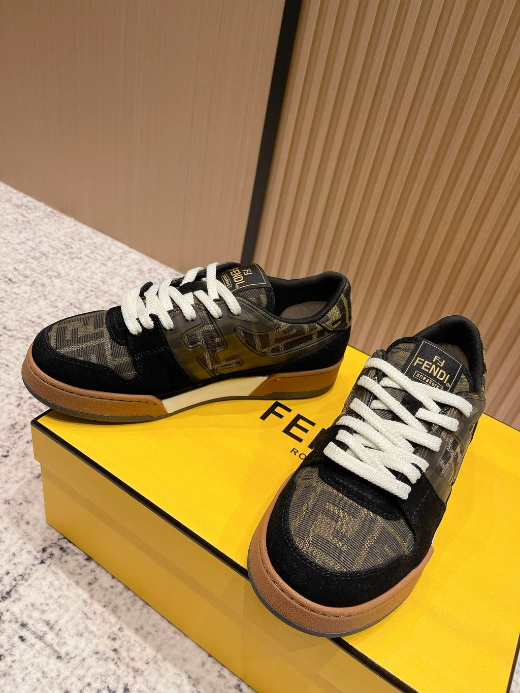 FENDI 25S MATCH SNEAKERS IN BLACK SUEDE MIX BROWN CANVAS STYLE 5