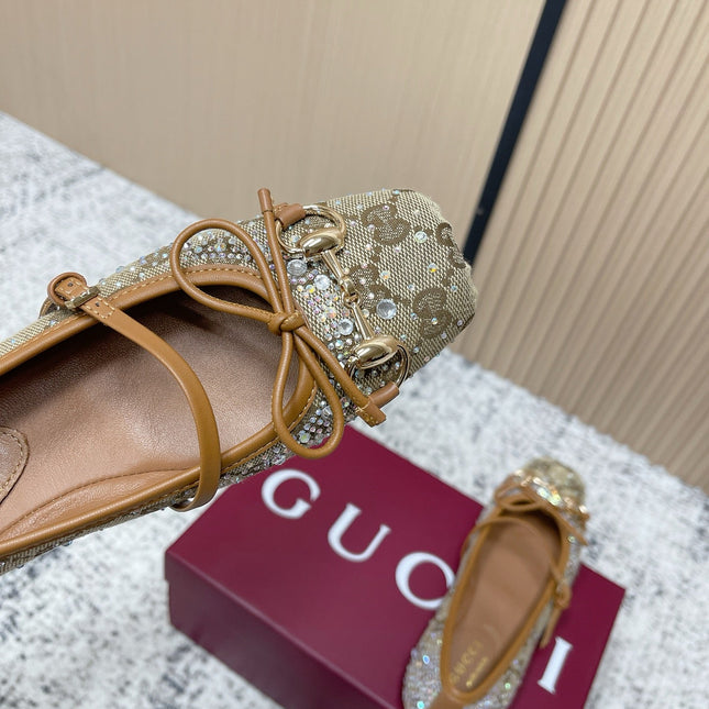GUCCI 26S BALLET FLATS IN DARK BEIGE CANVAS WITH CRYSTALS