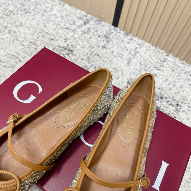 GUCCI 26S BALLET FLATS IN DARK BEIGE CANVAS WITH CRYSTALS