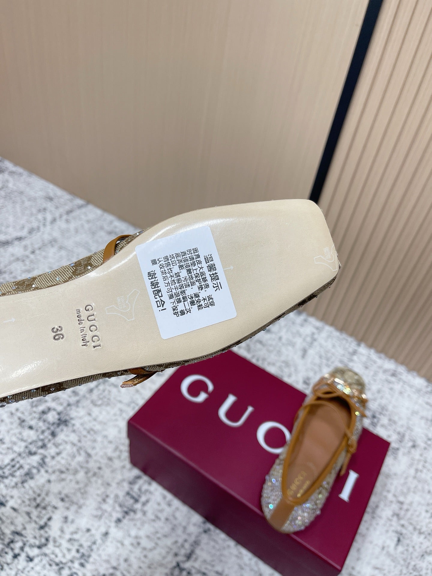 GUCCI 26S BALLET FLATS IN DARK BEIGE CANVAS WITH CRYSTALS