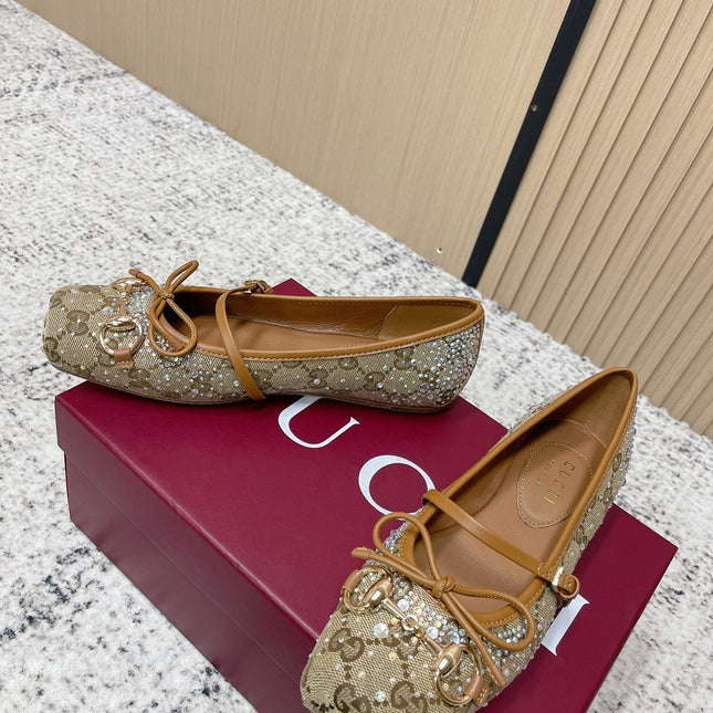 GUCCI 26S BALLET FLATS IN DARK BEIGE CANVAS WITH CRYSTALS