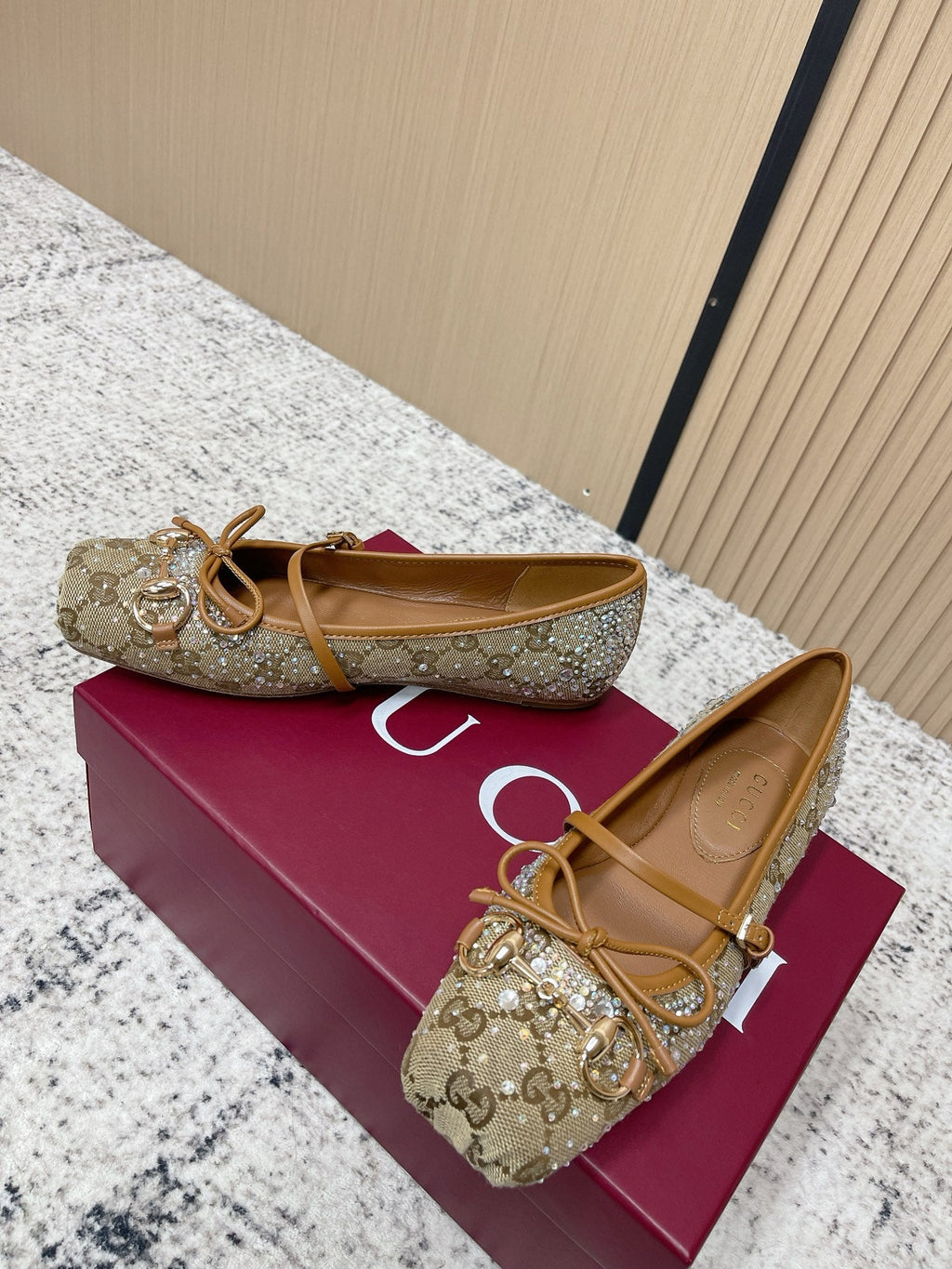 GUCCI 26S BALLET FLATS IN DARK BEIGE CANVAS WITH CRYSTALS