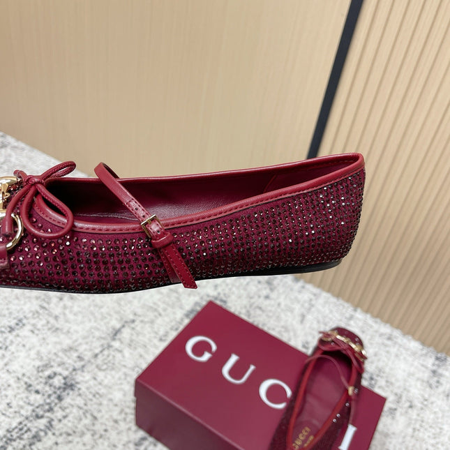 GUCCI 26S BALLET FLATS IN RED WITH CRYSTALS