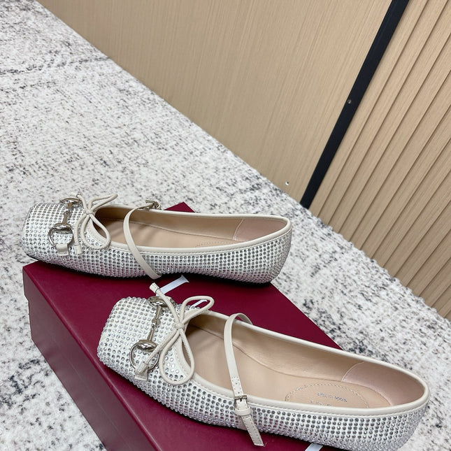 GUCCI 26S BALLET FLATS IN OFF WHITE WITH CRYSTALS