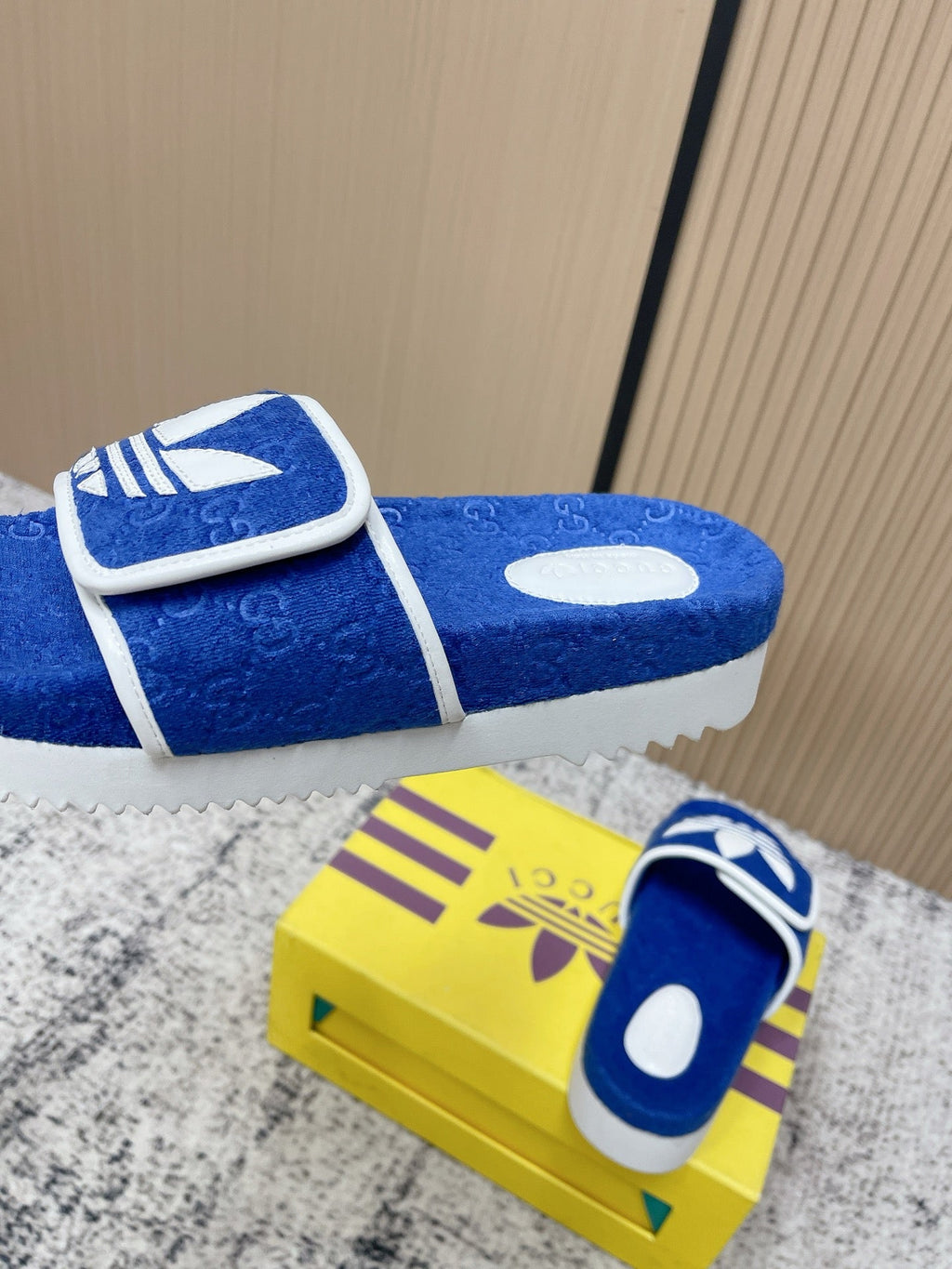 GUCCI 26S PLATFORM SLIDE SANDALS IN DARK BLUE FABRIC