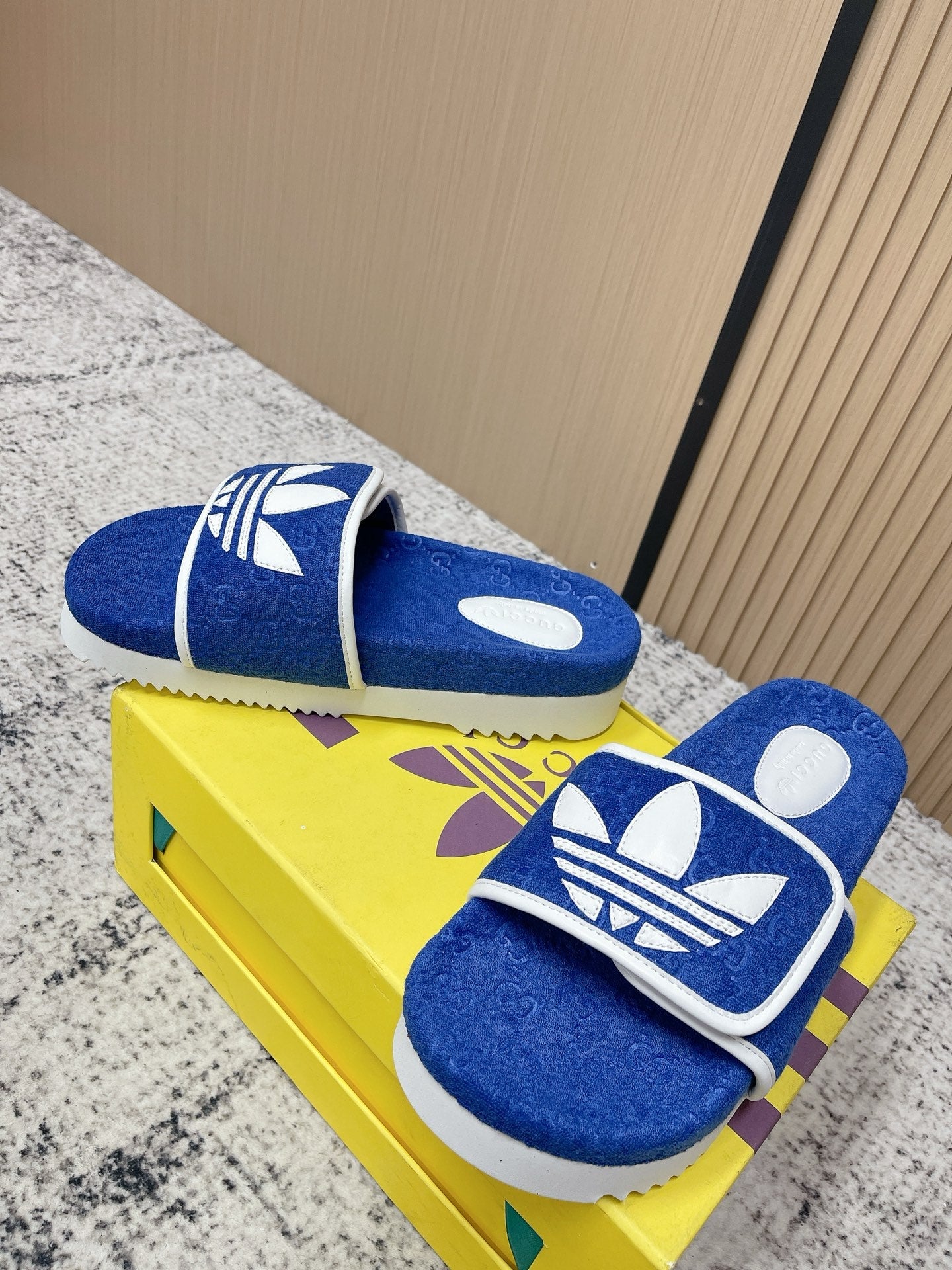 GUCCI 26S PLATFORM SLIDE SANDALS IN DARK BLUE FABRIC