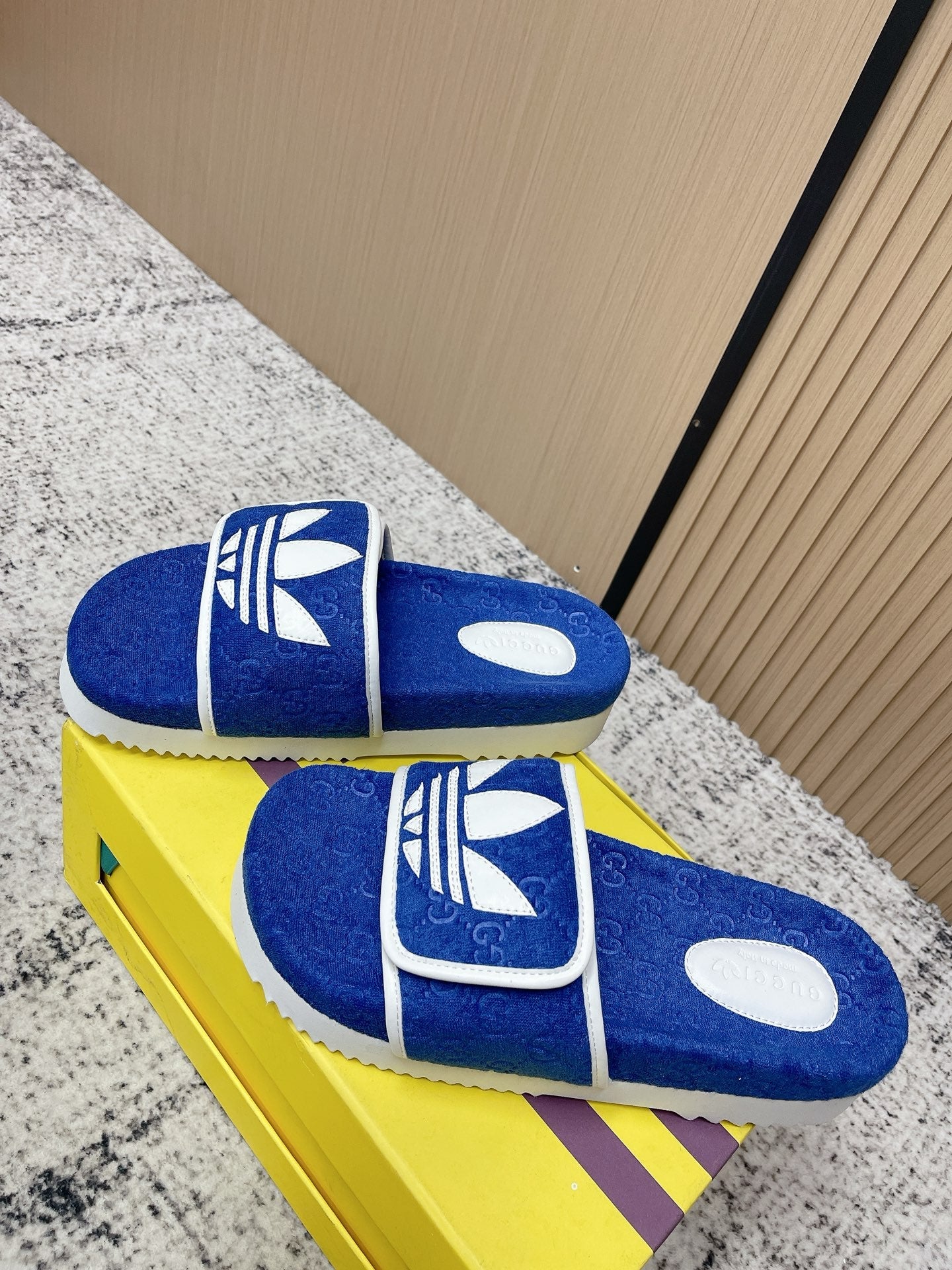 GUCCI 26S PLATFORM SLIDE SANDALS IN DARK BLUE FABRIC