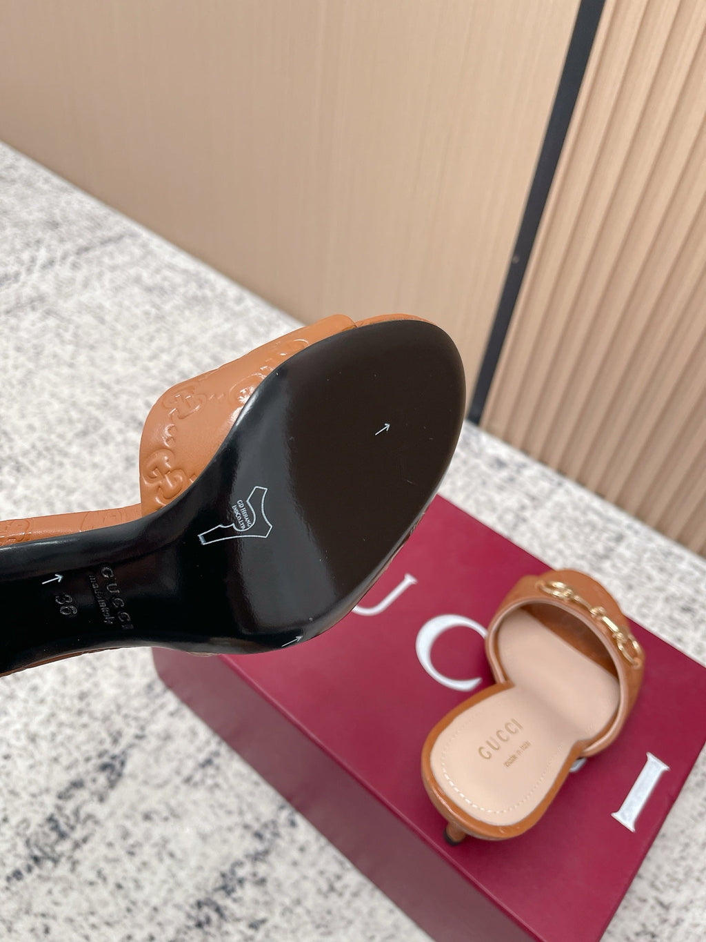 GUCCI 26S HIGH-HEEL SANDALS 85 MM IN LIGHT BROWN CALFSKIN