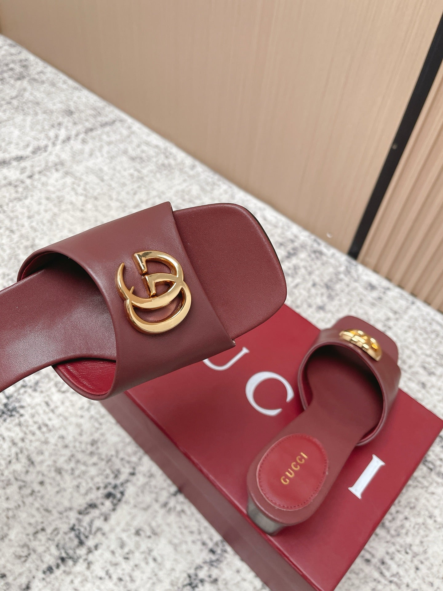 GUCCI 26S GG LOGO HIGH-HEEL MULES IN DARK RED CALFSKIN