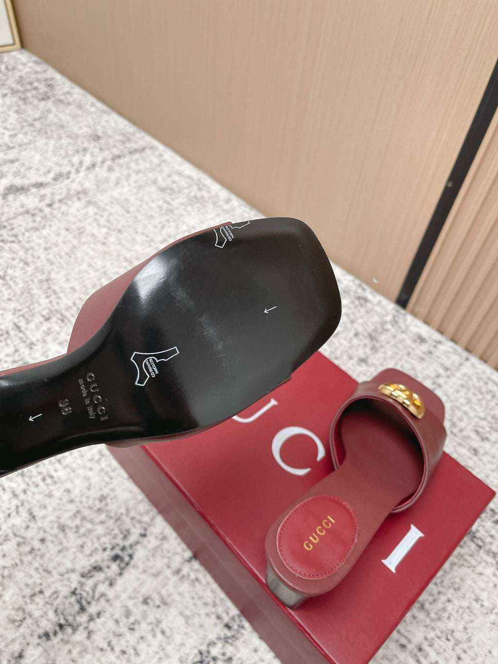 GUCCI 26S GG LOGO HIGH-HEEL MULES IN DARK RED CALFSKIN
