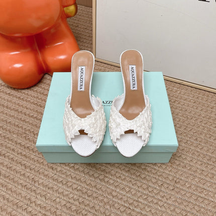 AQUAZZURA 26S HEELED MULES 80 MM IN WHITE WOVEN RAFFIA