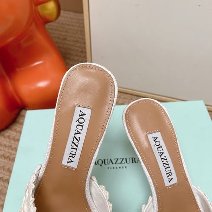 AQUAZZURA 26S HEELED MULES 80 MM IN WHITE WOVEN RAFFIA