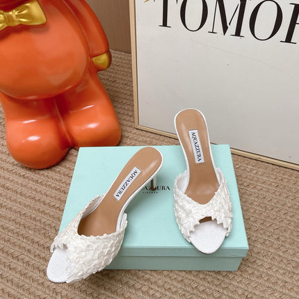 AQUAZZURA 26S HEELED MULES 80 MM IN WHITE WOVEN RAFFIA