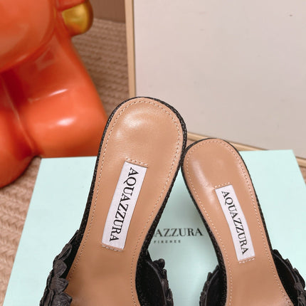 AQUAZZURA 26S HEELED MULES 80 MM IN BLACK WOVEN RAFFIA