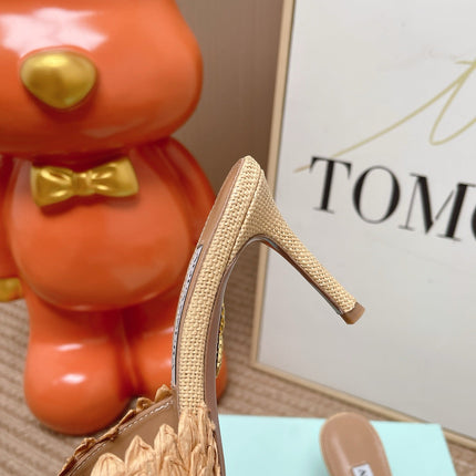 AQUAZZURA 26S HEELED MULES 80 MM IN BEIGE WOVEN RAFFIA