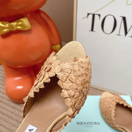 AQUAZZURA 26S HEELED MULES 80 MM IN BEIGE WOVEN RAFFIA