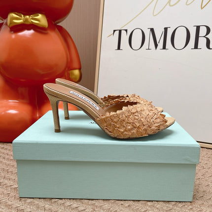 AQUAZZURA 26S HEELED MULES 80 MM IN BEIGE WOVEN RAFFIA