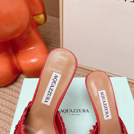 AQUAZZURA 26S HEELED MULES 80 MM IN RED WOVEN RAFFIA