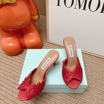 AQUAZZURA 26S HEELED MULES 80 MM IN RED WOVEN RAFFIA