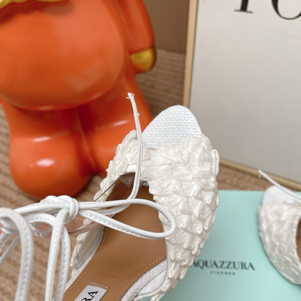 AQUAZZURA 26S LACE-UP HIGH HEEL SANDALS IN WHITE WOVEN RAFFIA