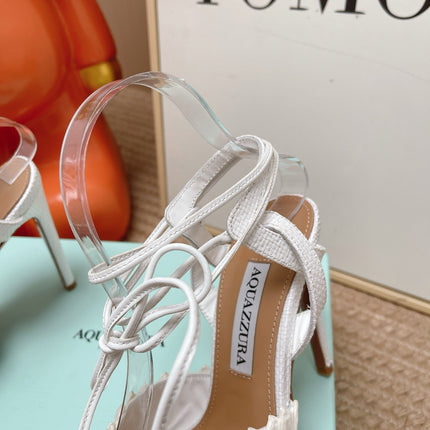 AQUAZZURA 26S LACE-UP HIGH HEEL SANDALS IN WHITE WOVEN RAFFIA