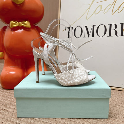 AQUAZZURA 26S LACE-UP HIGH HEEL SANDALS IN WHITE WOVEN RAFFIA