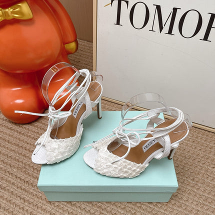 AQUAZZURA 26S LACE-UP HIGH HEEL SANDALS IN WHITE WOVEN RAFFIA