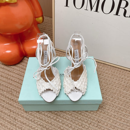 AQUAZZURA 26S LACE-UP HIGH HEEL SANDALS IN WHITE WOVEN RAFFIA